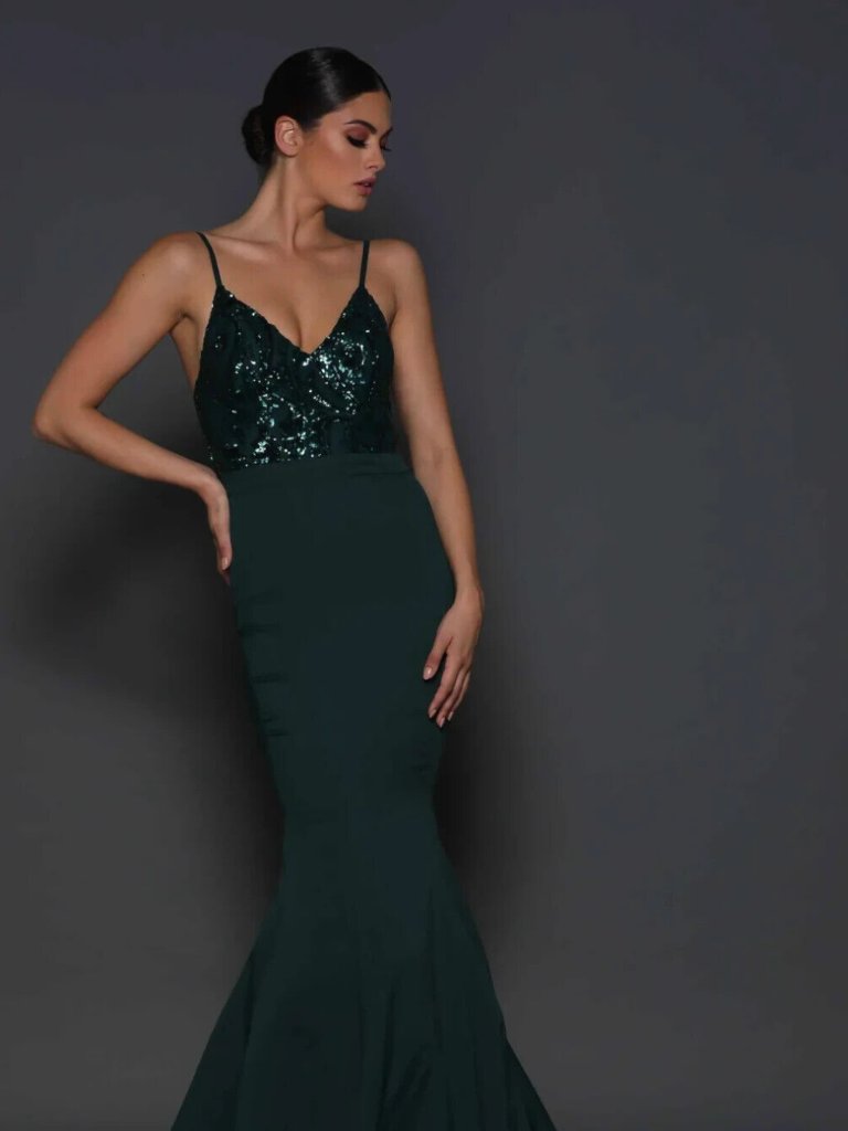 Elle Zeitoune Lola Deep Green Sequin Formal Gown | Size 2